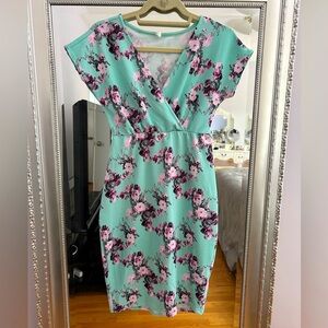PinkBlush Mint Floral Fitted Wrap Maternity Dress (Small)